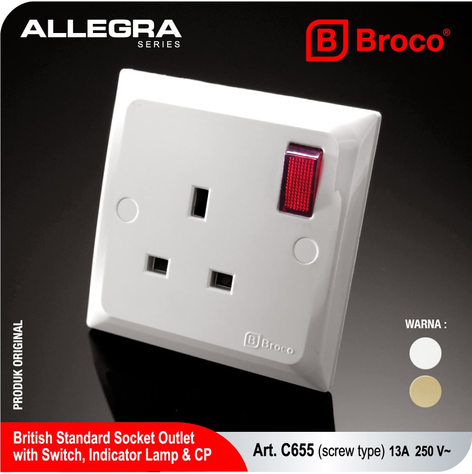 Broco Electrical - British Standard Socket Outlet with Switch, Indicator Lamp & CP