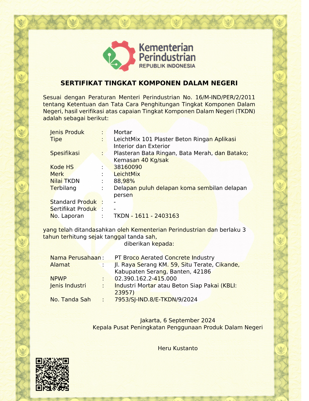 Broco Mortar certificate