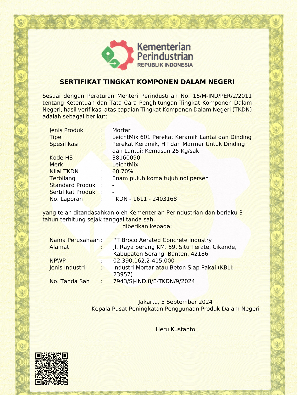 Broco Mortar certificate