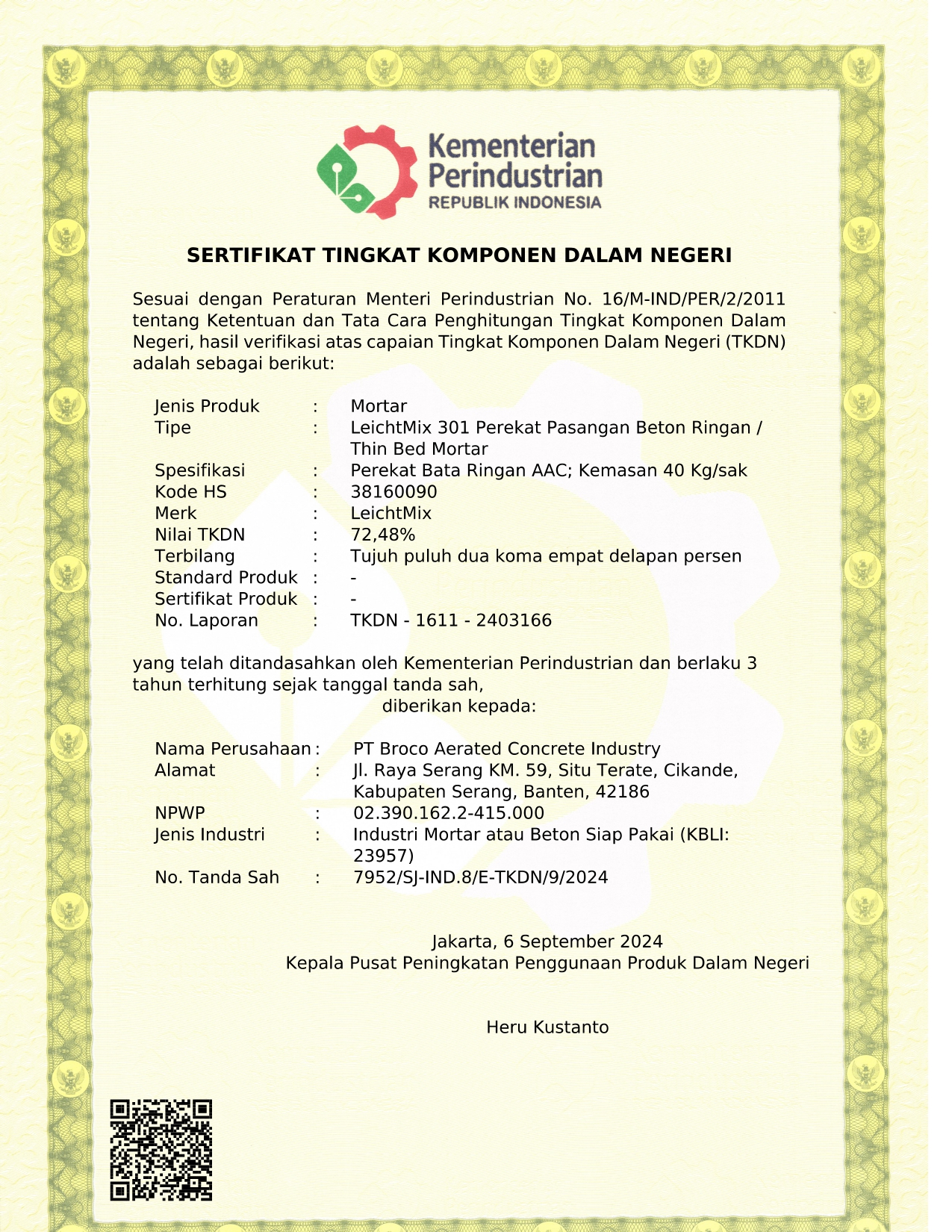 Broco Mortar certificate